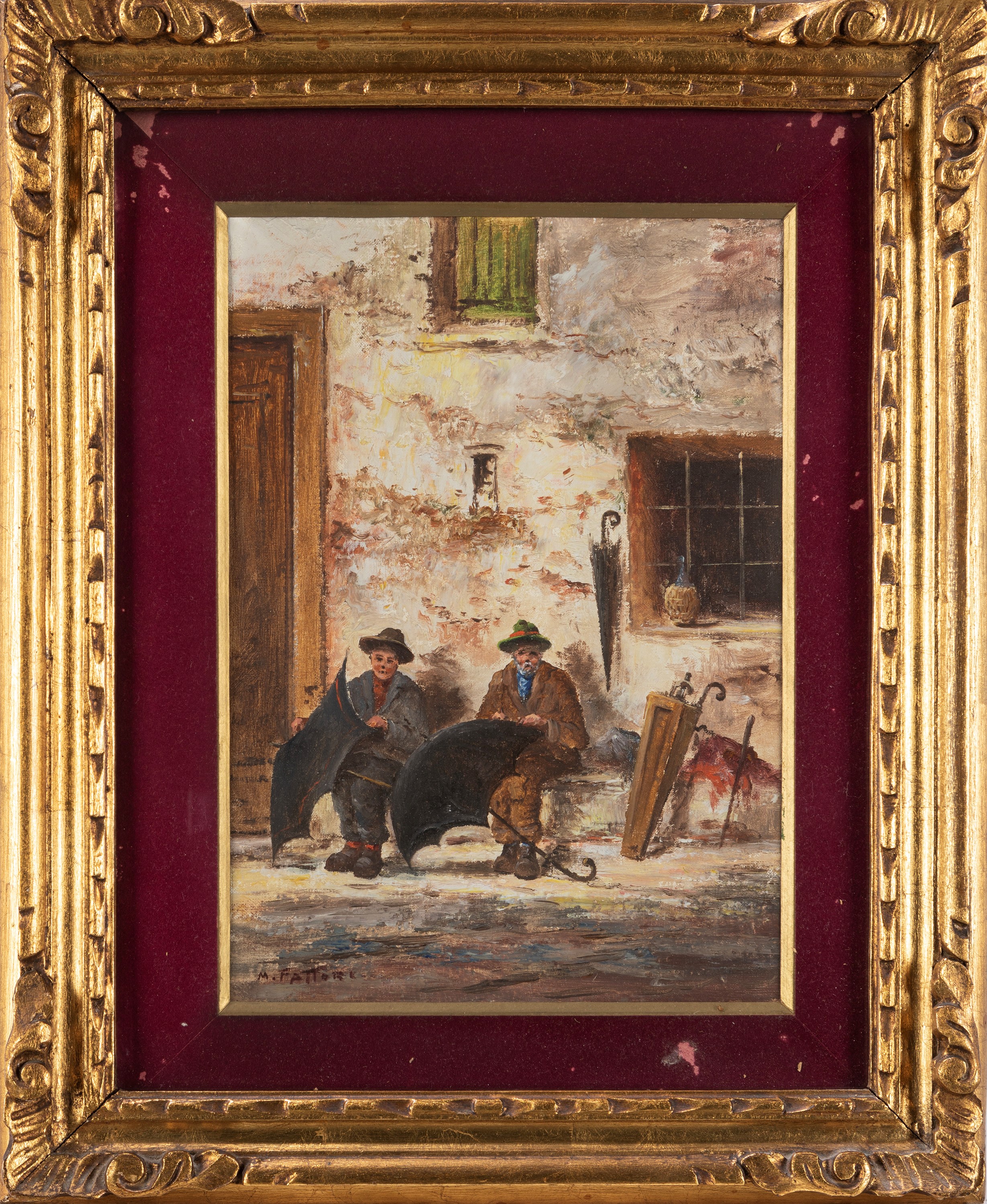 Mario Fattori - Gli ombrellai; Interno rustico, coppia di oli su cartone telato