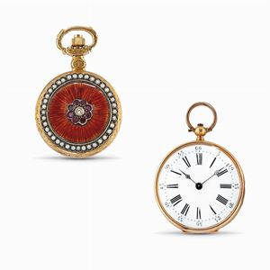 Two silver, 18K gold, enamel, diamond, pearl pocket watches