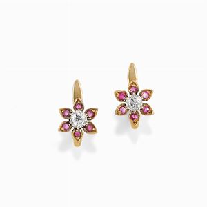 A 18K yellow gold, diamond and ruby earrings, with A. Ventrella box