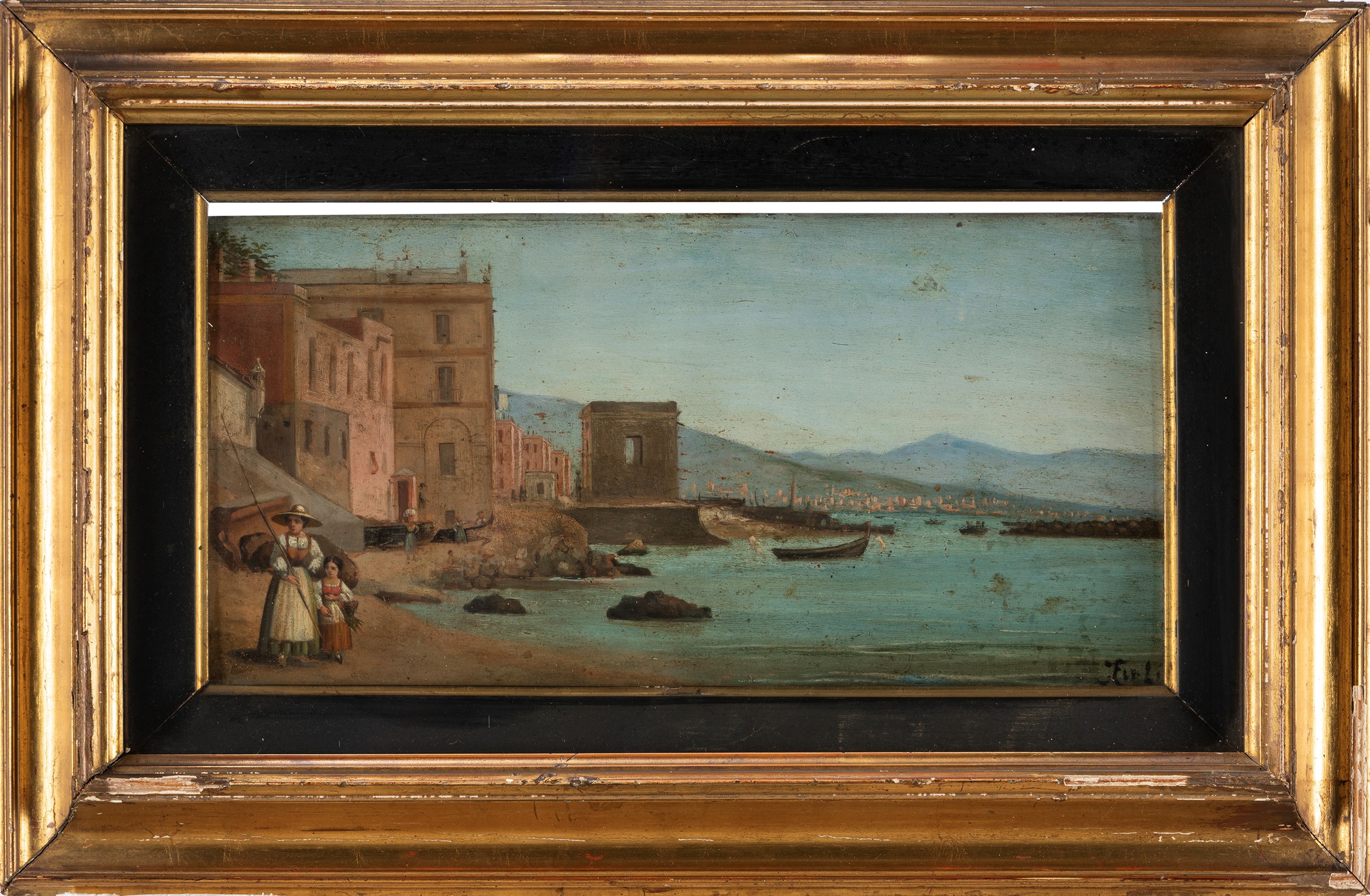 Scuola Italiana, Secolo XIX - Anonimo, Passeggiata lungo il golfo a Catania, olio su tavola