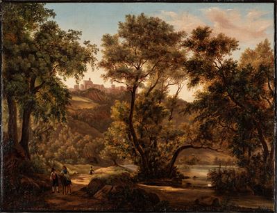 Autore ignoto, Paesaggio con viandanti, olio su tela