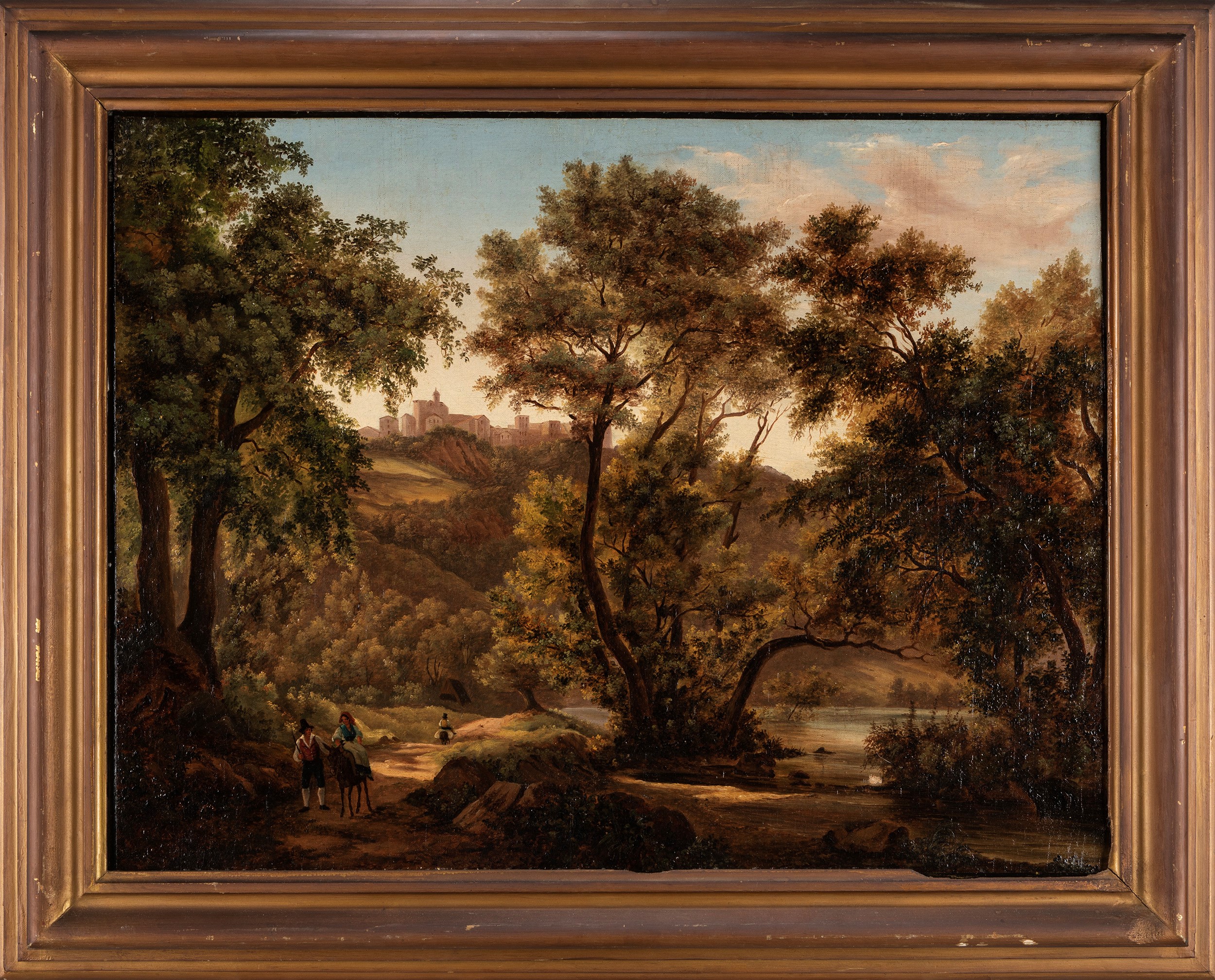 Attribuito a Marco Gozzi - Autore ignoto, Paesaggio con viandanti, olio su tela