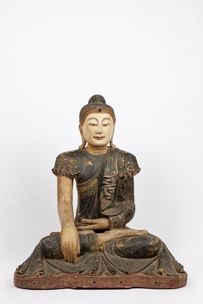 Grande Buddha in Legno Dipinto. Sud Est Asia, Inizio Secolo XX