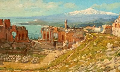 Veduta di Taormina con L'etna Innevato sullo Sfondo