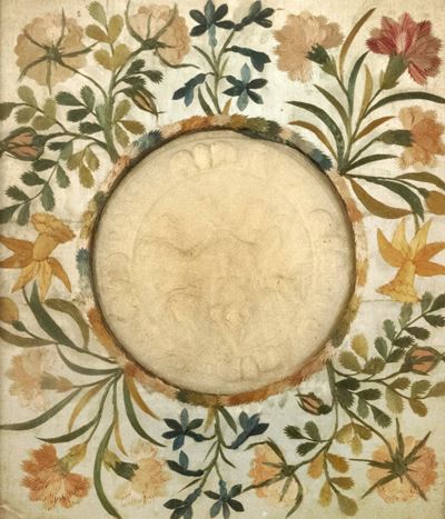 Bassorilievo in Cera Raffigurante Incoronazione della Vergine, Entro Passepartout in Seta Ricamat...