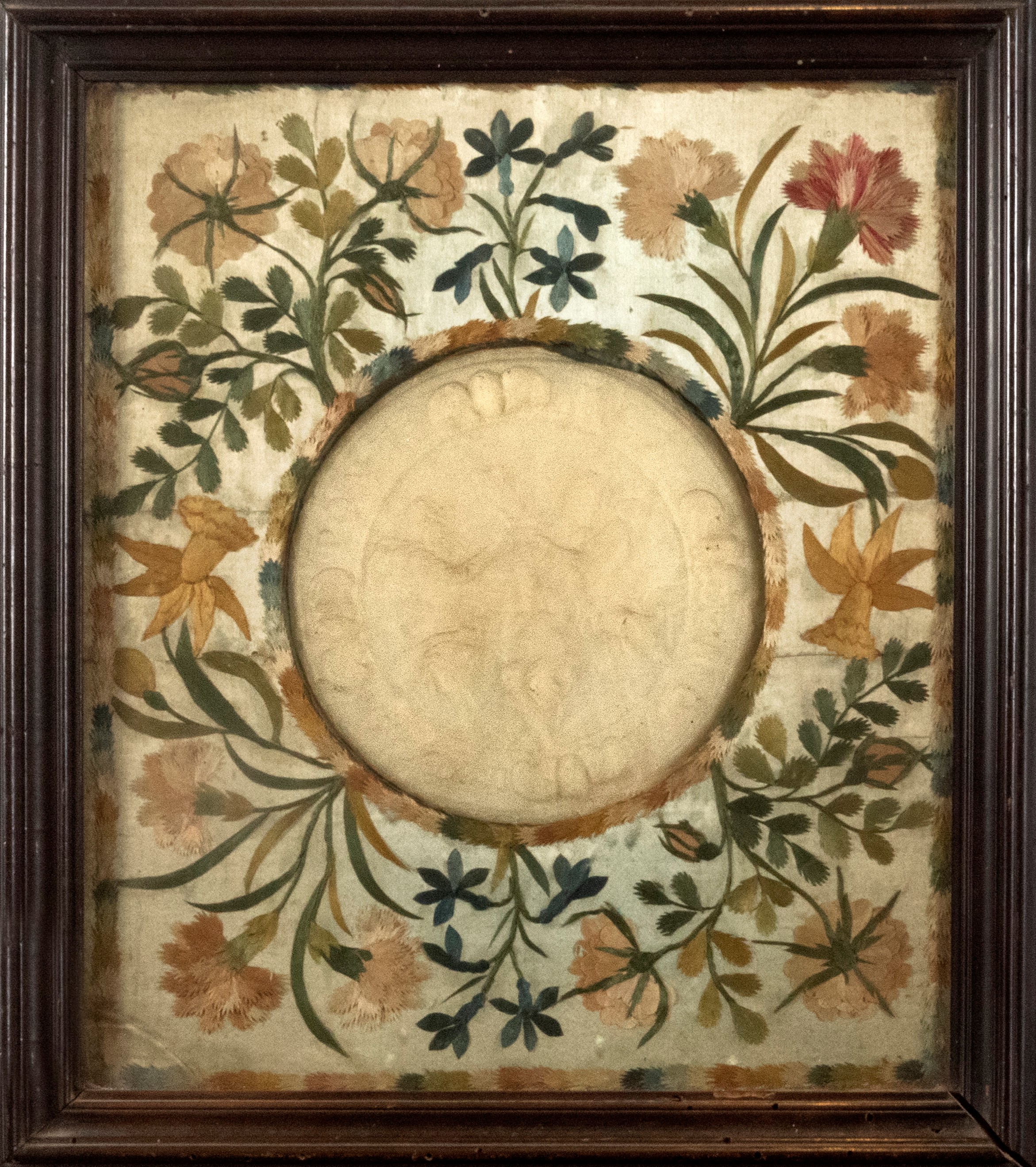 Bassorilievo in Cera Raffigurante Incoronazione della Vergine, Entro Passepartout in Seta Ricamat...