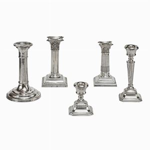  - Five silver candlesticks, England