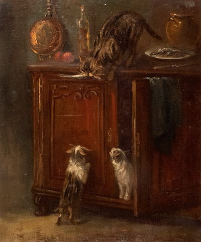 Interno con Gatti che Rubano un Pesce