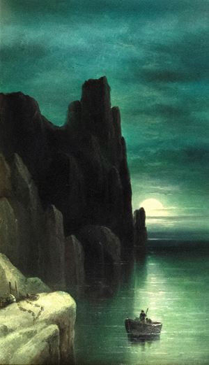 Scuola napoletana, secolo XIX - Coastal landscape in the moonlight with the Faraglioni of Capri