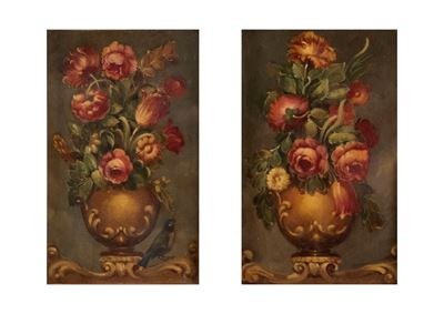Coppia di Nature Morte con Fiori in un Vaso