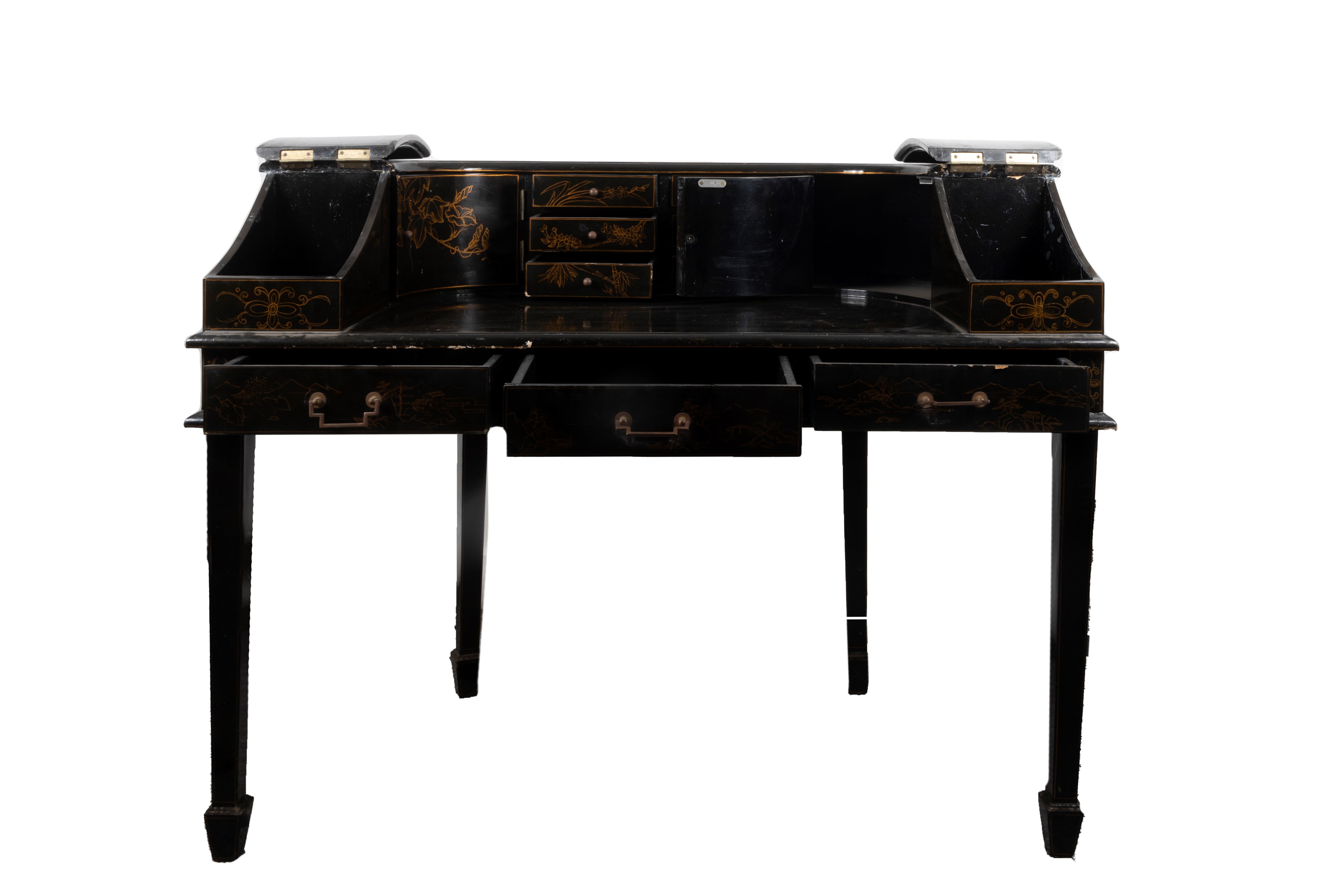 Scrivania da Centro Carlton House in Legno Laccato Nero Decorata con Motivi a Chinoserie, Inizi S...