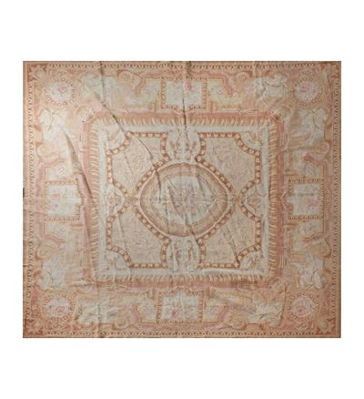 Tappeto Aubusson Color Beige, Bruno e Rosa, con Motivi Geometrici e Floreali, Inizi Secolo XX