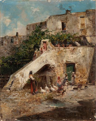Cortile, olio su tela, cm 36 x 28