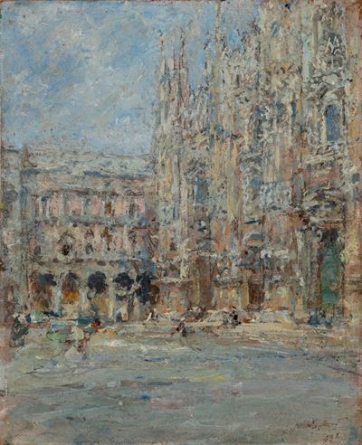 Piazza del Duomo a Milano, olio su cartone