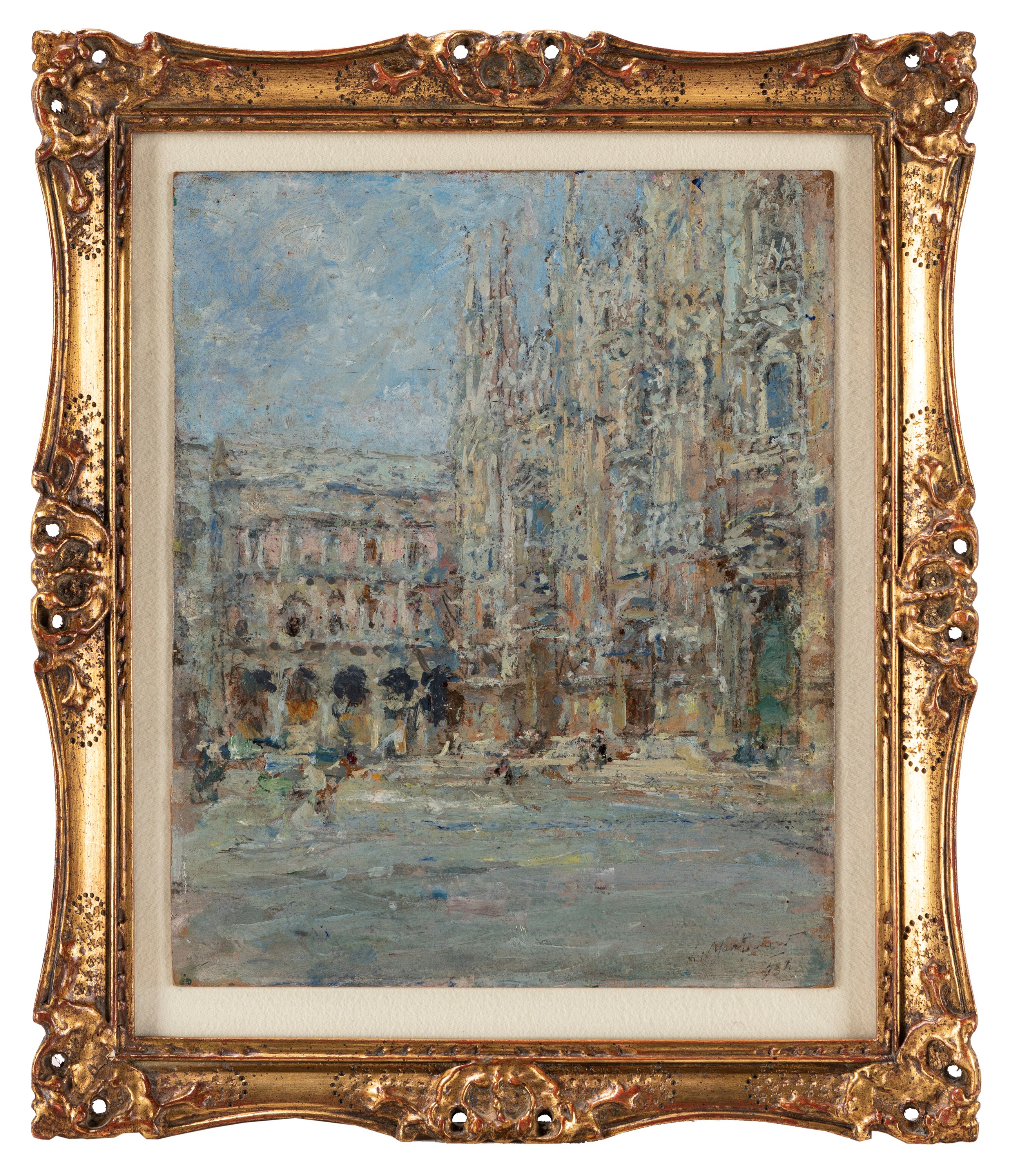 Luigi Mantovani - Piazza del Duomo a Milano, olio su cartone