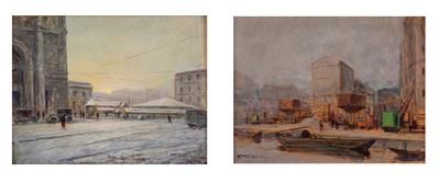 Milano, Porta Garibaldi e Milano, la Darsena, olio su cartone pressato e masonite