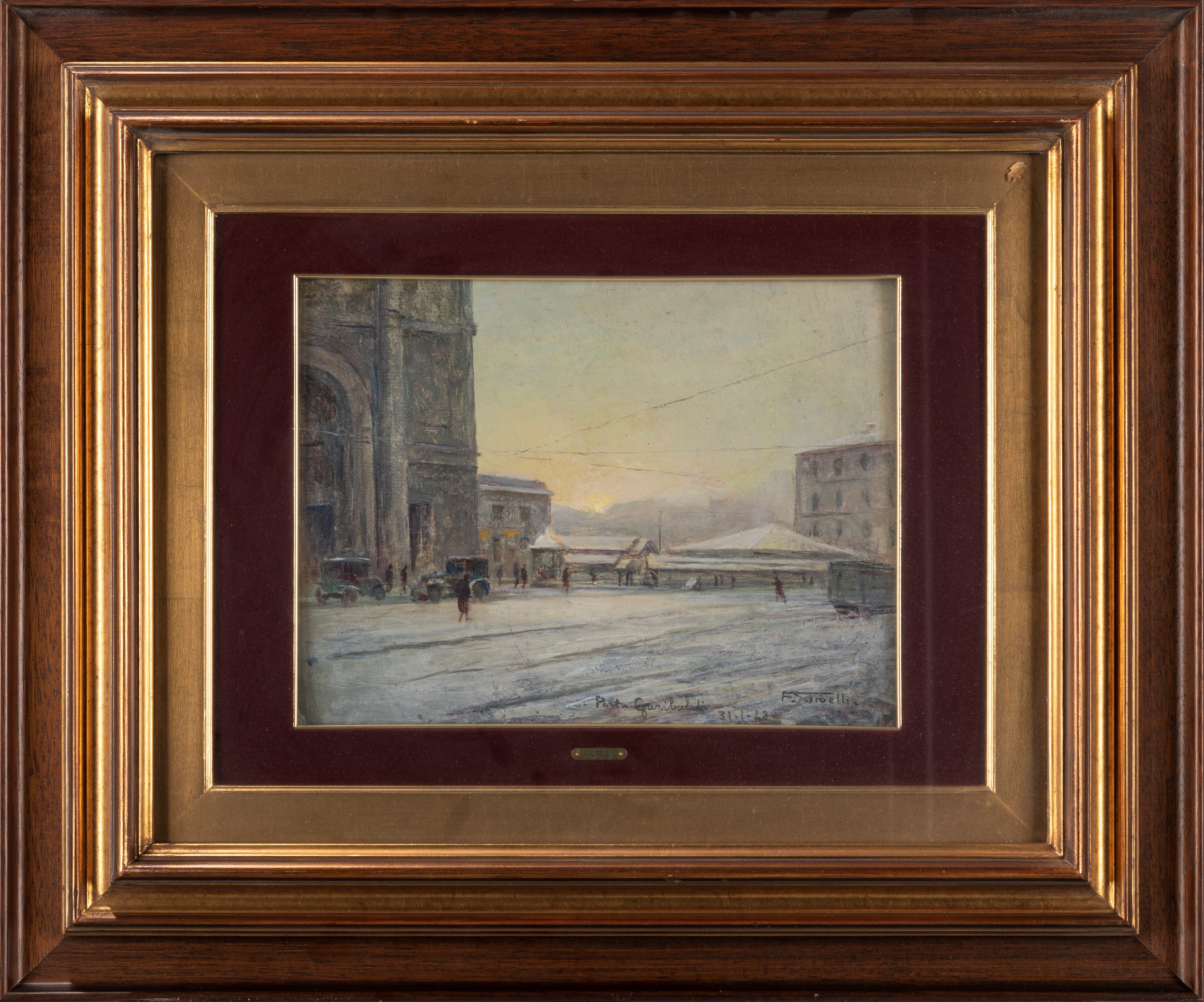 Francesco Gibelli - Milano, Porta Garibaldi e Milano, la Darsena, olio su cartone pressato e maso...
