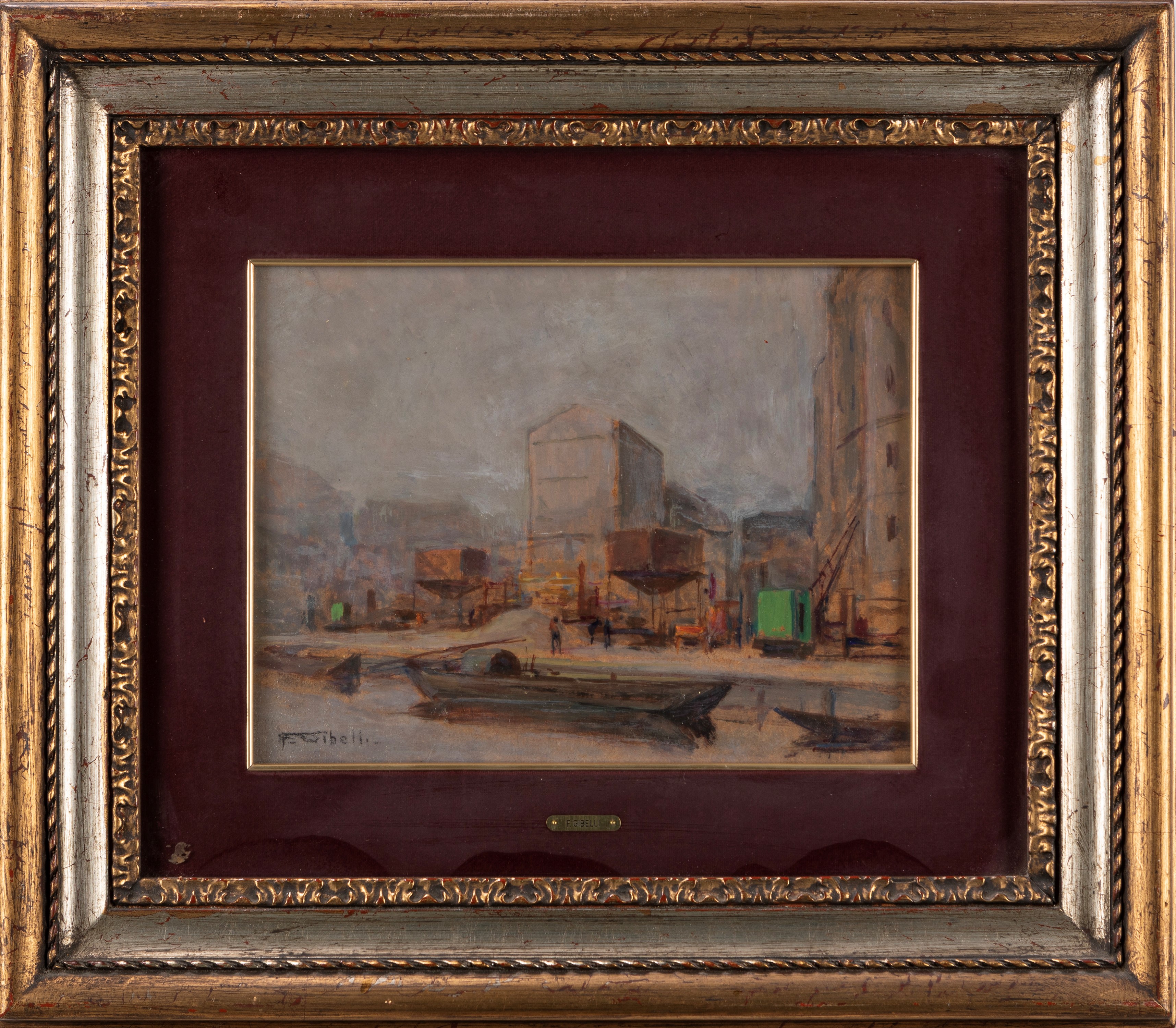Francesco Gibelli - Milano, Porta Garibaldi e Milano, la Darsena, olio su cartone pressato e maso...