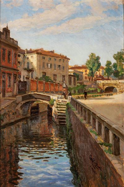 Naviglio a Milano, olio su compensato