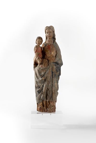 Scultura in Legno Policromo Raffigurante Madonna con Bambino