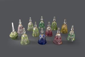 Lot consisting of twelve colored crystal bells, 20th century