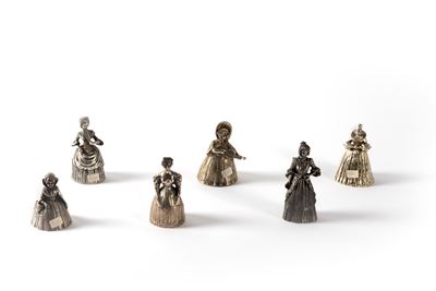 Lotto Composto da Sei Campanelli in Argento Raffiguranti Figure Femminili, Secolo XX
