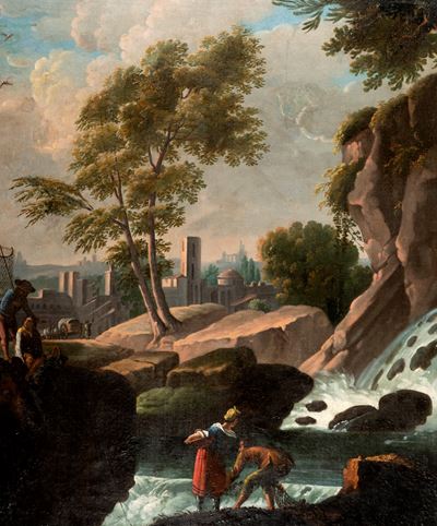 Paesaggio Fluviale con Cascata e Borgo Turrito in Lontananza
