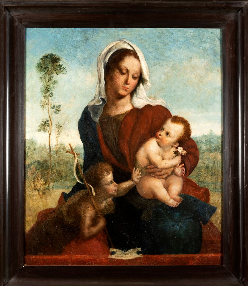 Scuola Lombarda, Secolo XVI e Restauratore Moderno - Madonna con Bambino e San Giovannino