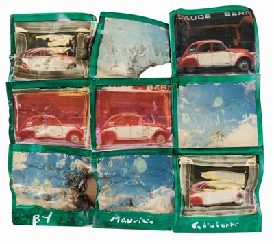 Dada Citroen Cavallino Memory Fire bruciato - Nove polaroid montate a mosaico dipinte, manipolate...