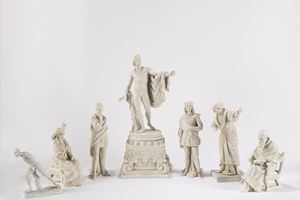  - Lot consisting of seven small sculptures from ancient models, in biscuit, 19th-20th centuries