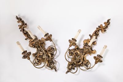 Coppia di Appliques a Tre Luci in Legno Dorato a Mecca, Inizi Secolo XX