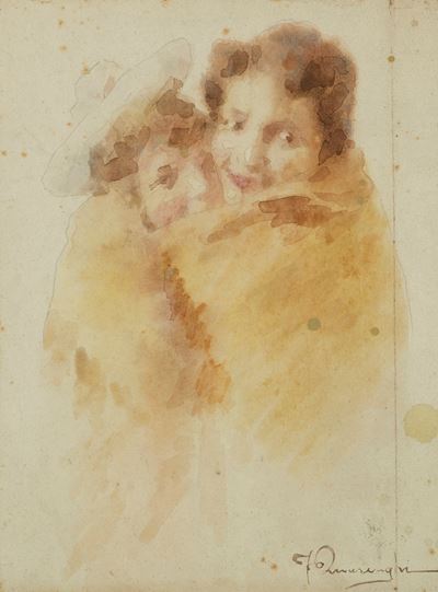 Amore materno, acquerello su cartoncino