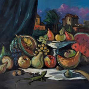 Still life with watermelon and lizard