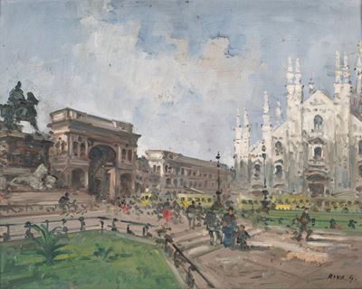 Piazza Duomo a Milano, olio su cartone