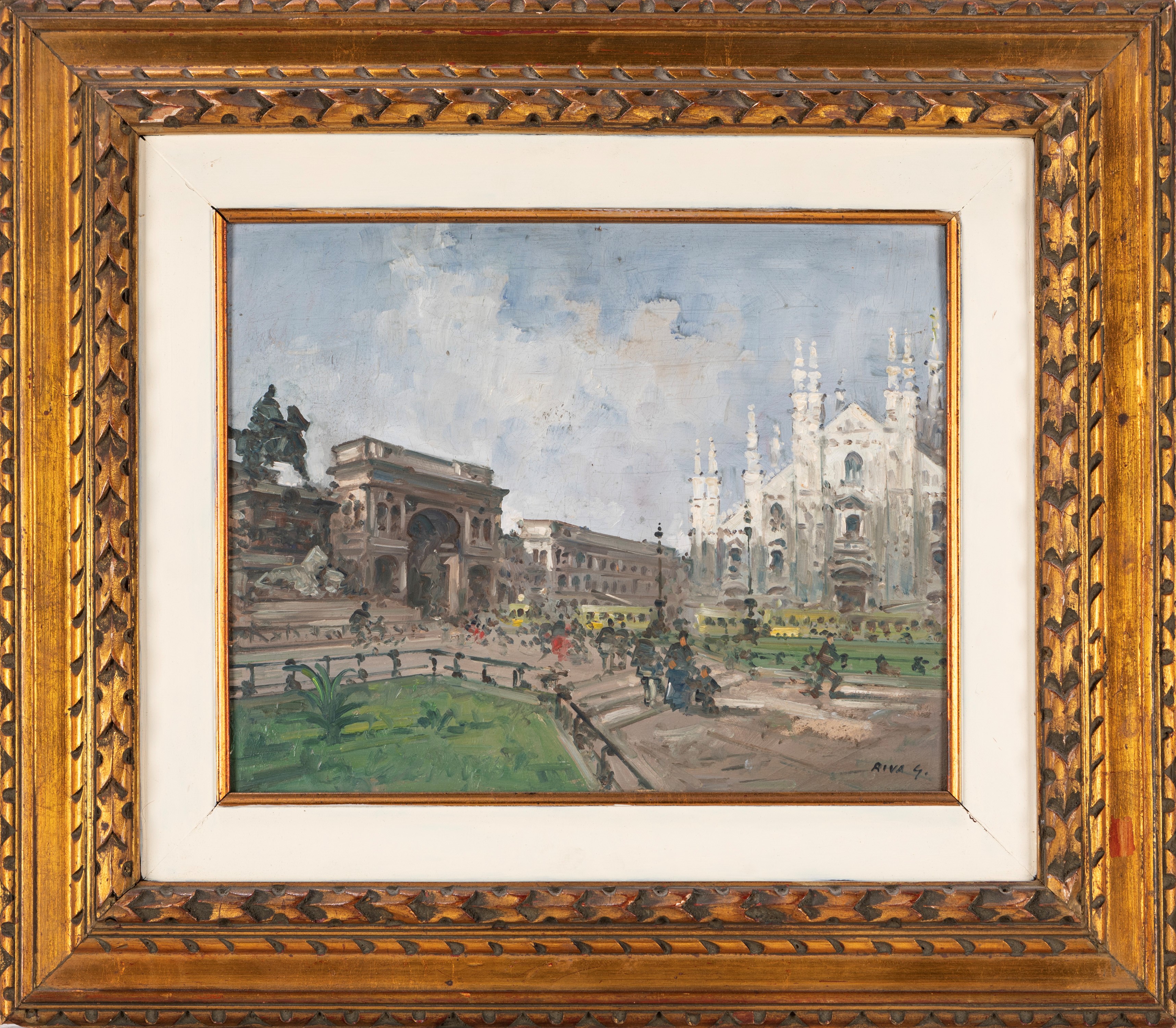 Giovanni Riva - Piazza Duomo a Milano, olio su cartone