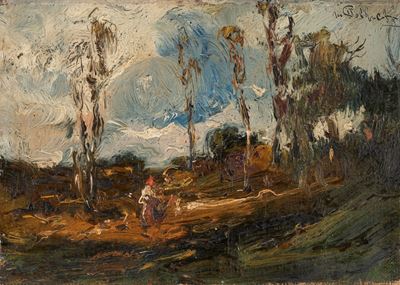 Paesaggio con figura, olio su cartone telato