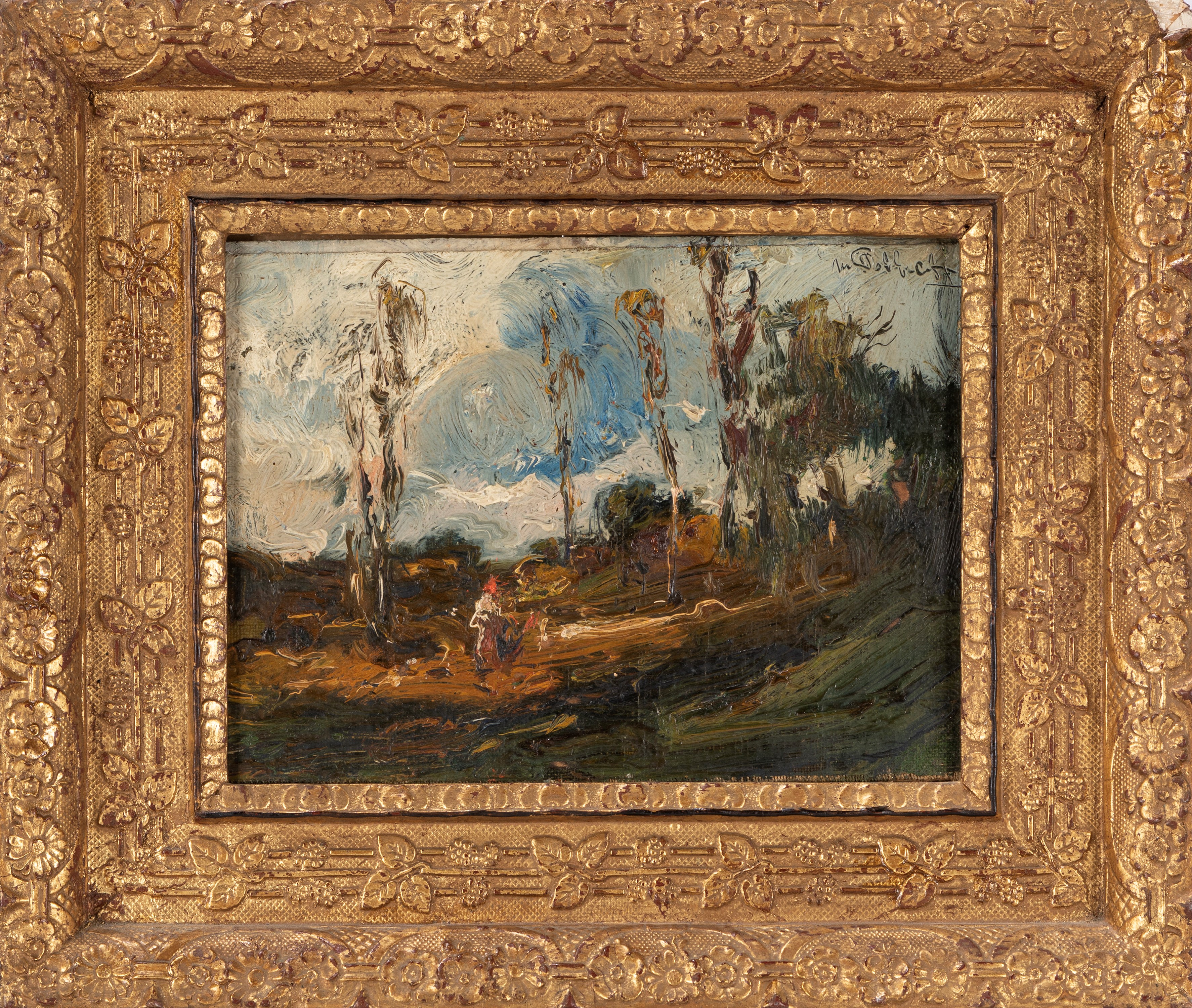 Mario Pobbiati - Paesaggio con figura, olio su cartone telato