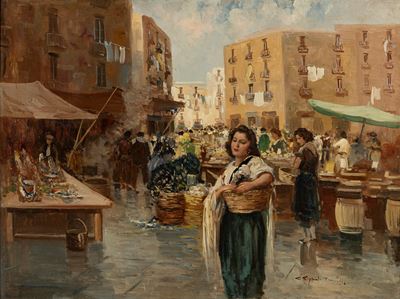 Mercato a Napoli, olio su tela