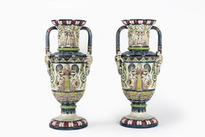 Pair of painted majolica vases, Bohemia, early 20th century