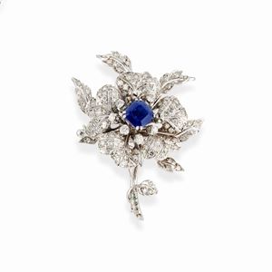 A 18k white gold, sapphire (no heat) and diamond brooch, circa 1950, with certificate