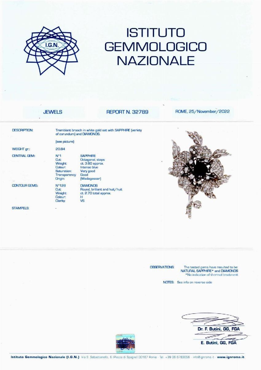 Spilla 'en tremblant' in oro bianco 18k con zaffiro Madagascar e diamanti