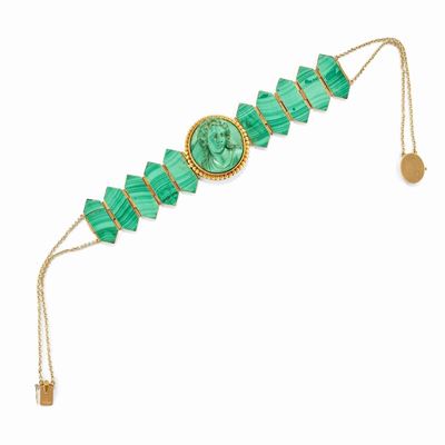 Collana in oro giallo 18k con malachite e profilo femminile