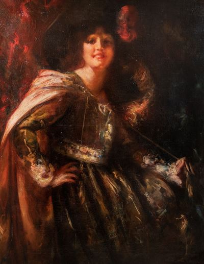 Dama con cappello piumato, olio su tela