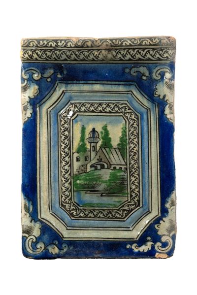 Antica Formella in Ceramica Policroma con Paesaggio, Persia