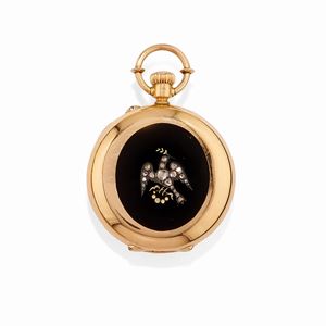A 18k yellow gold, onyx and diamond pocket watch, 19th Century, defects, with box