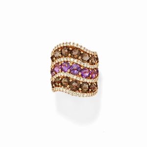 A 18k yellow gold, amethyst, quartz and diamond ring