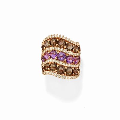 Anello in oro giallo 18k con ametiste e quarzi briolette