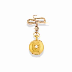 A 18k yellow gold, low-carat gold, enamel and diamond pocket-watch brooch, defects