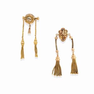 Two 18k gold, low-carat gold, micro pearl and blue stones pendants, defects