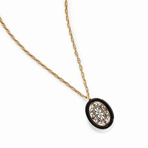 A silver, low-carat gold, 18k yellow gold, onyx and diamond necklace with pendant-brooch, defects